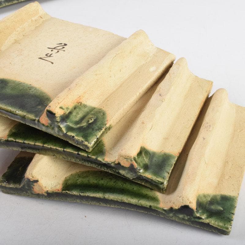 北大路魯山人作 織部焼 青織部 鳥文 四方皿 五客 時代箱 M