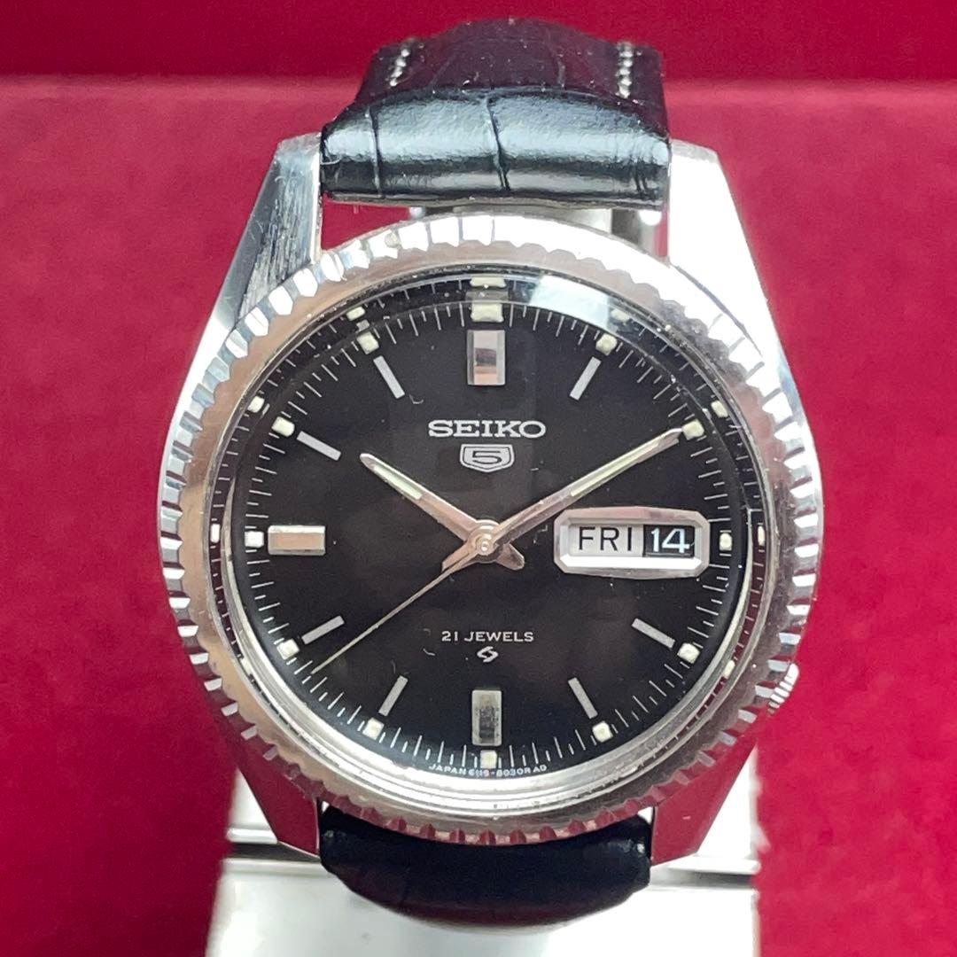 OH済 希少黒 未使用 SEIKO 5 風防新品換済 自動巻 フルーテッドベゼル