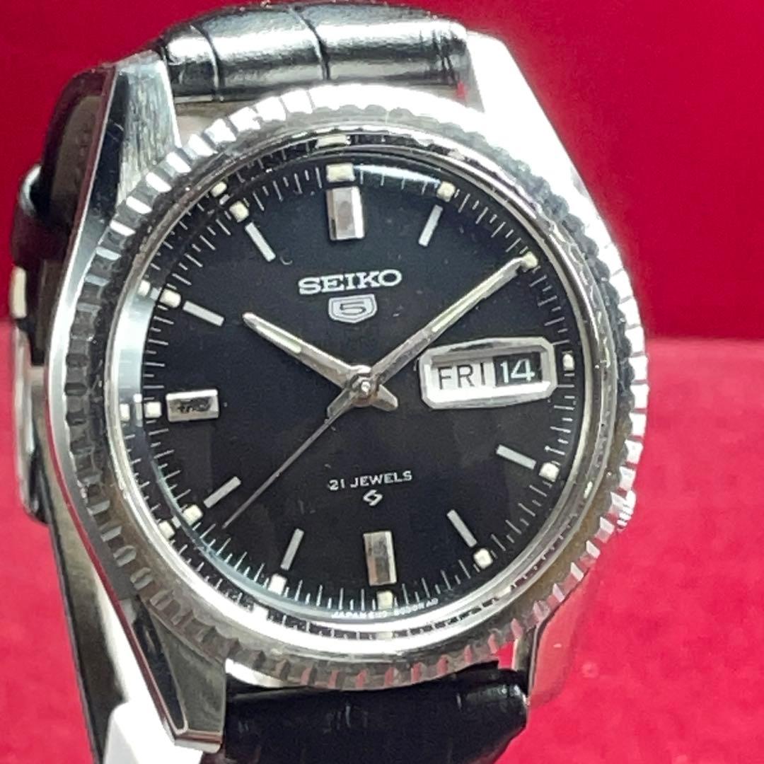 OH済 希少黒 未使用 SEIKO 5 風防新品換済 自動巻 フルーテッドベゼル