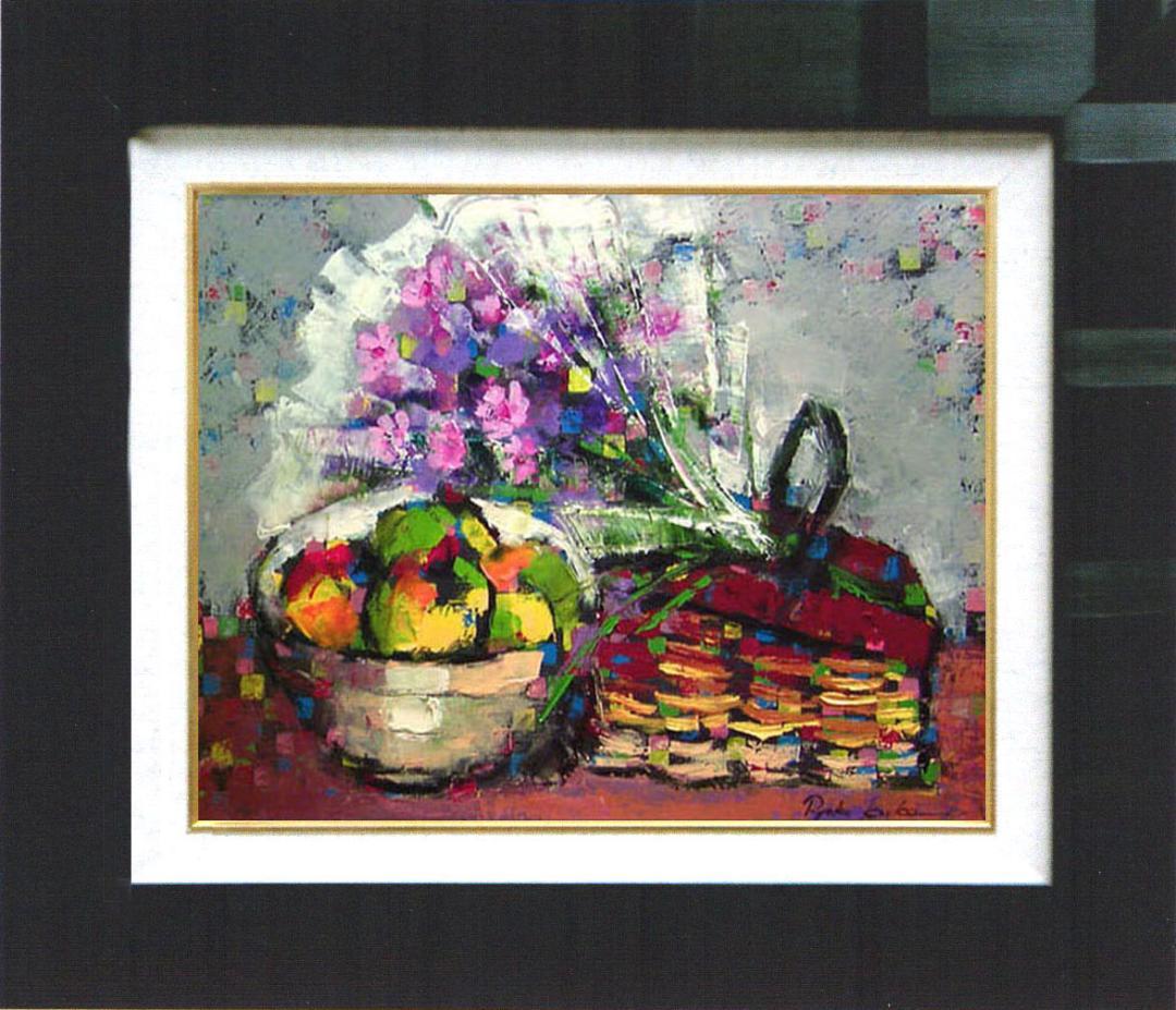 油絵 絵 絵画インテリア 額付(青緑＋金色の枠) uF6-062104 花 果物