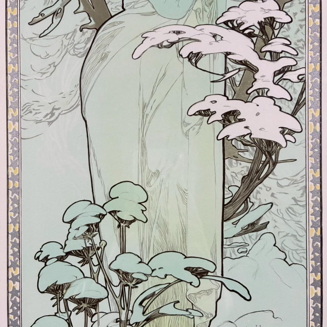 美品 アルフォンス・ミュシャ「四季・冬」リトグラフ 摺師サイン入り