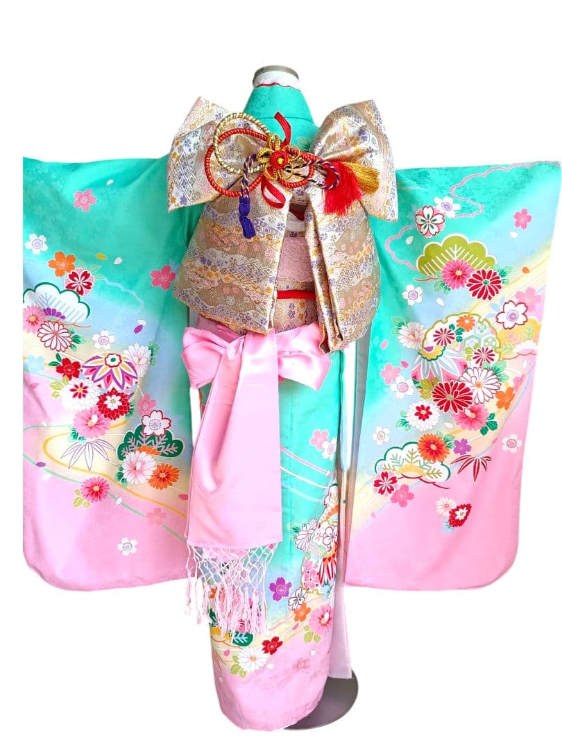 ミントグリーンの着物に白の作り帯セット☆七五三７歳　ハーフ成人式