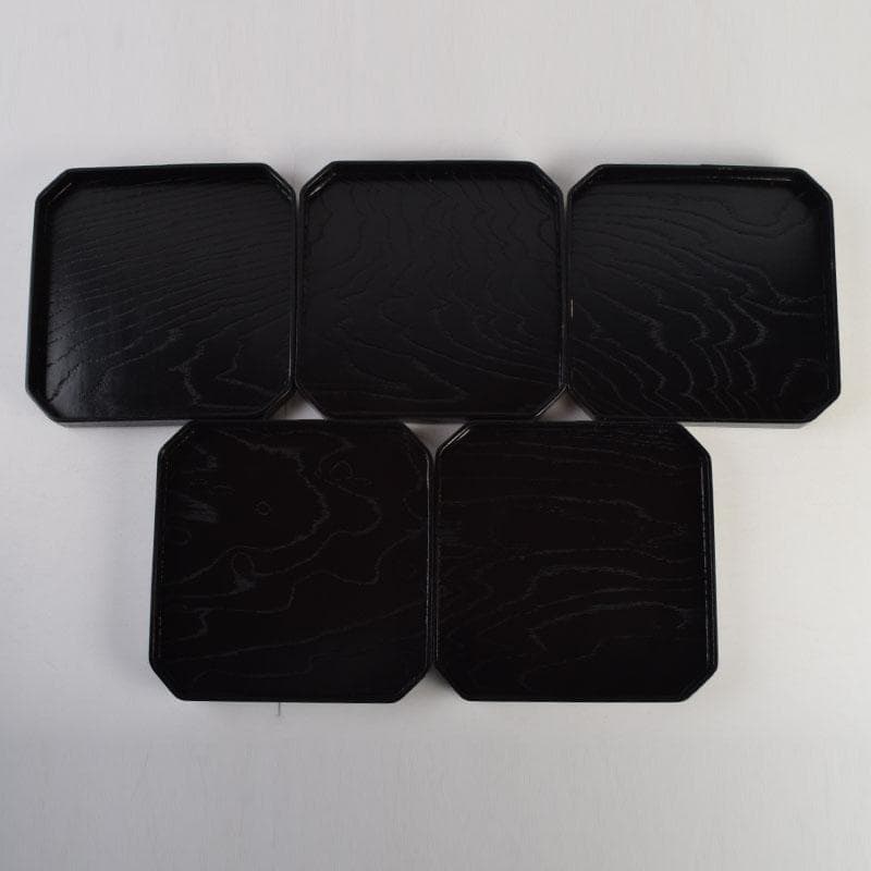 和食器　黒漆　松葉蒔絵　柿合　折曲重箱　5点　C　8625A