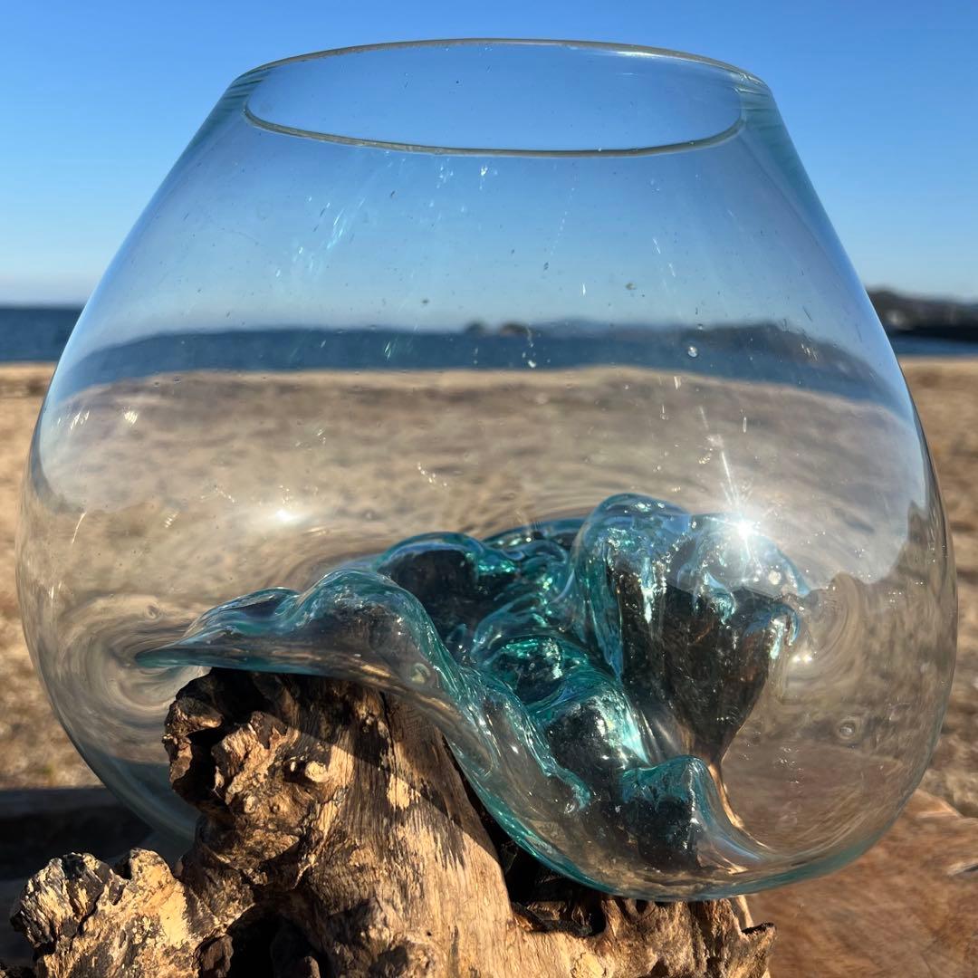 流木と青いガラスの花瓶 流木ガラス オブジェ超特大I 花瓶 金魚鉢 水槽