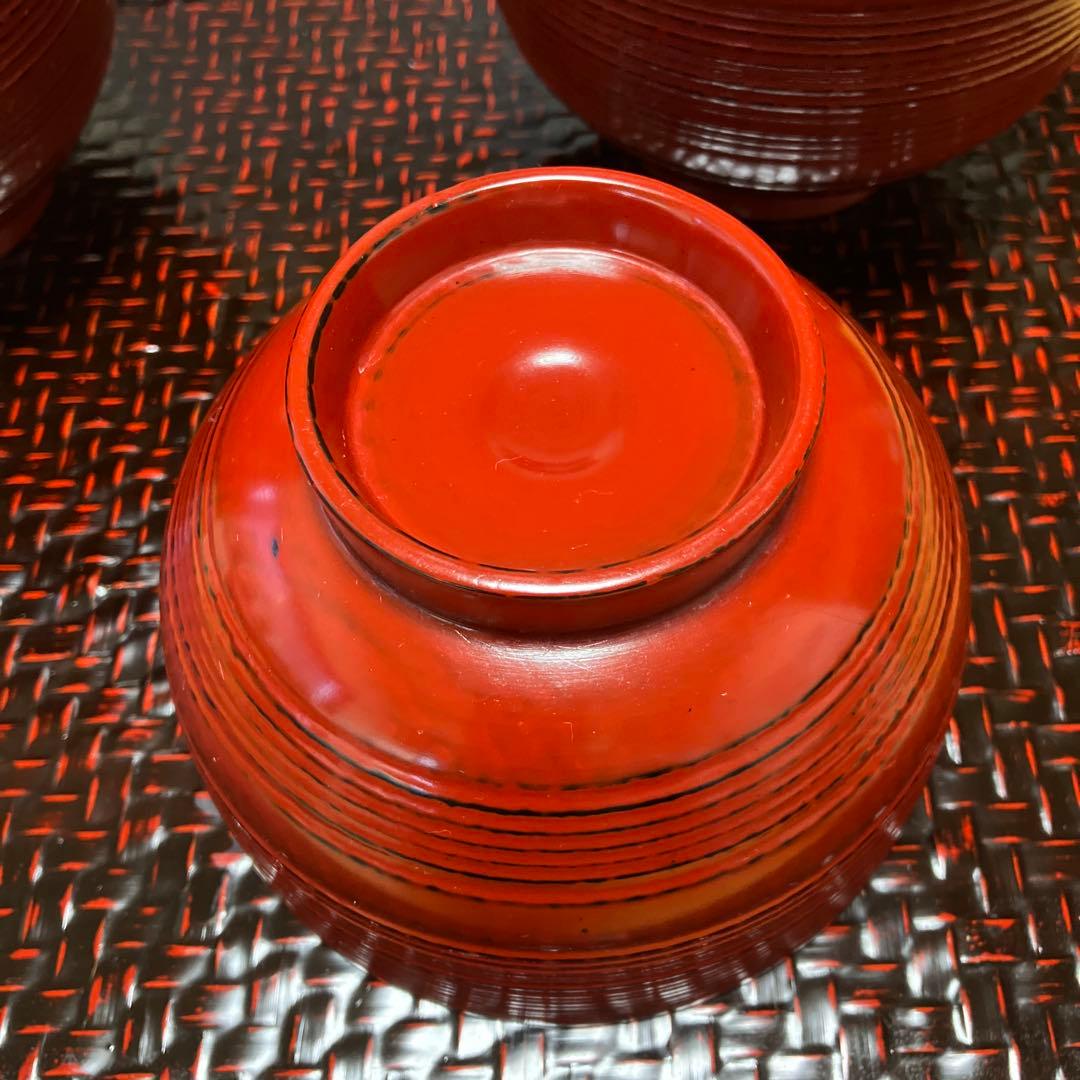 【未使用】天然木　根来塗　朱うるし塗　 平筋どんぶり　丼もの　雑煮椀　お椀　5P