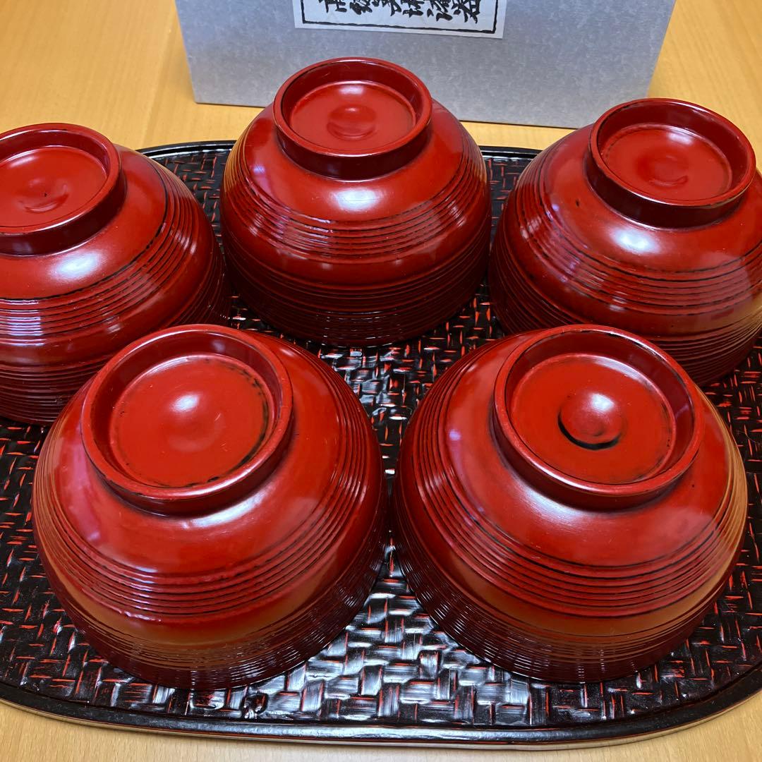 【未使用】天然木　根来塗　朱うるし塗　 平筋どんぶり　丼もの　雑煮椀　お椀　5P