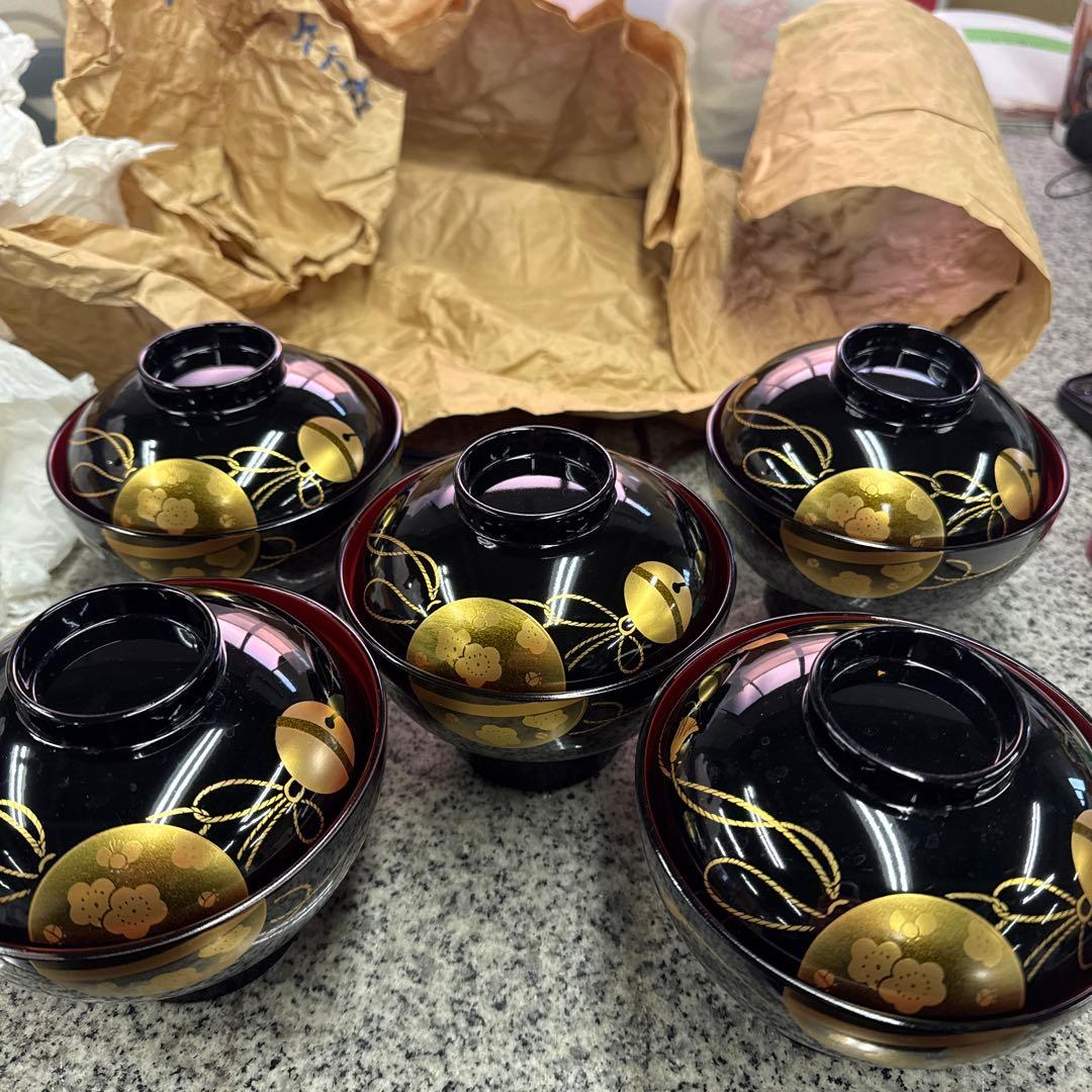 会津塗 金彩蒔絵桜鈴文様 蓋付きお吸物椀 雑煮椀 お椀 5客セット 漆器