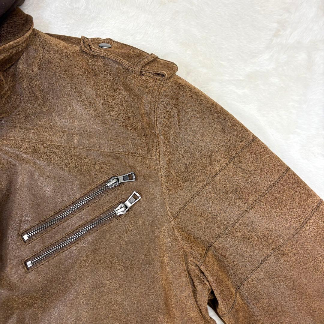 FLAVOR フード付 レザー ボマージャケット ライダースジャケット 茶色