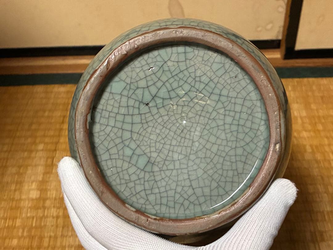 ひび割れ模様の青い花瓶 壺 花入 中国？