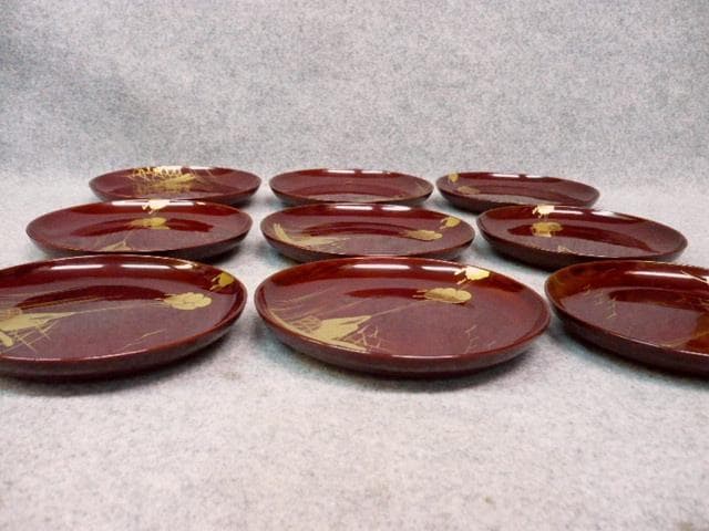 蒔絵 銘々皿 9枚 [B23818] 舟曳き図 漆器 漆芸 茶道具 菓子器