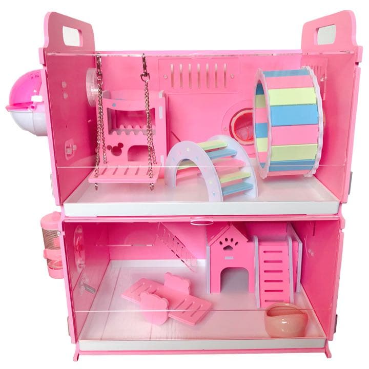 ハムスター ネズミ 小動物用二階建て飼育ケージセット ハウス家巣箱三色(ピンク) ハムスター ネズミ 小動物用二階建て飼育ケージセット ハウス家巣箱三