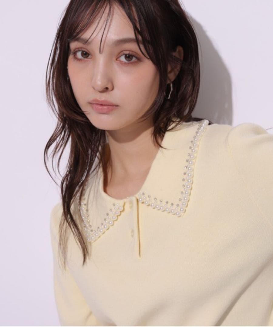 【リランドチュール】パールカラーポロニット（ライトイエロー）サイズM