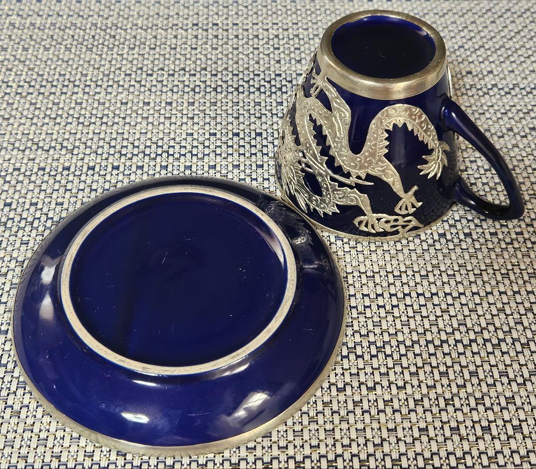 華美❗】中国美術 瑠璃釉 錫廻し 玉取双龍の図 五爪の龍の図 カップ