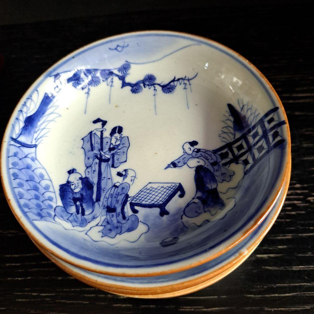 古伊万里　成化年製　小鉢 極上　人物囲碁図　縁朱 五客揃
