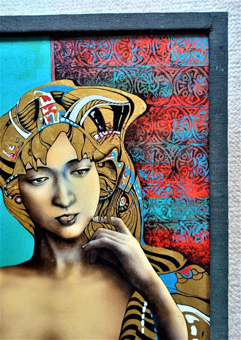 作者不詳　仮タイトル「ドレスを着た婦人図」Ｆ8号油彩画金が使われた豪華装飾　額装