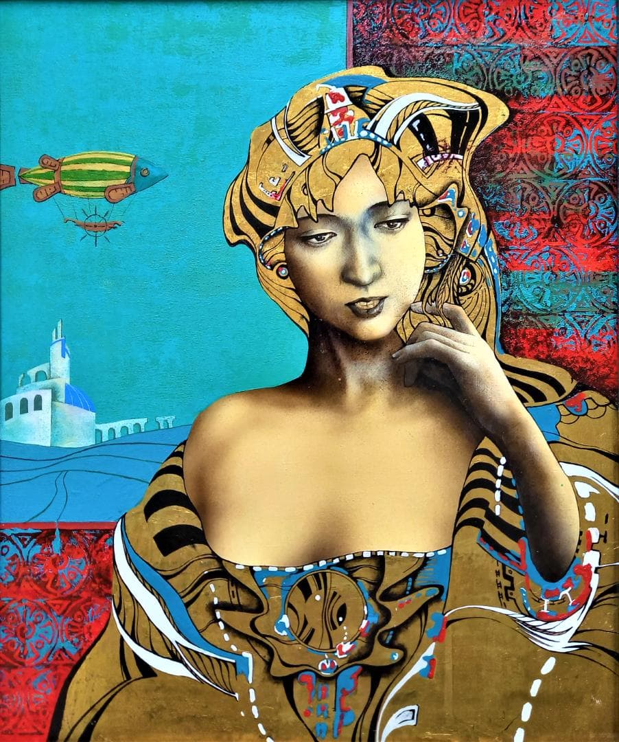 作者不詳　仮タイトル「ドレスを着た婦人図」Ｆ8号油彩画金が使われた豪華装飾　額装