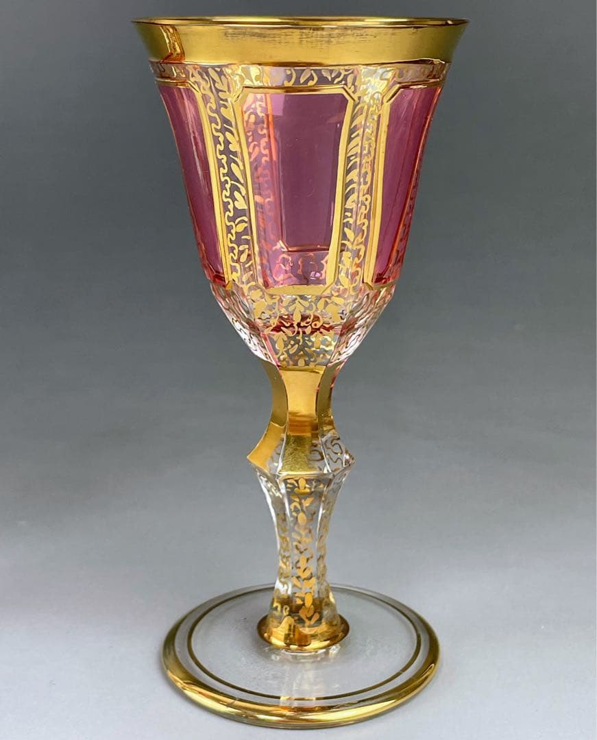 ボヘミア パネルグラス 2個セット クランベリー被せ ワイングラス