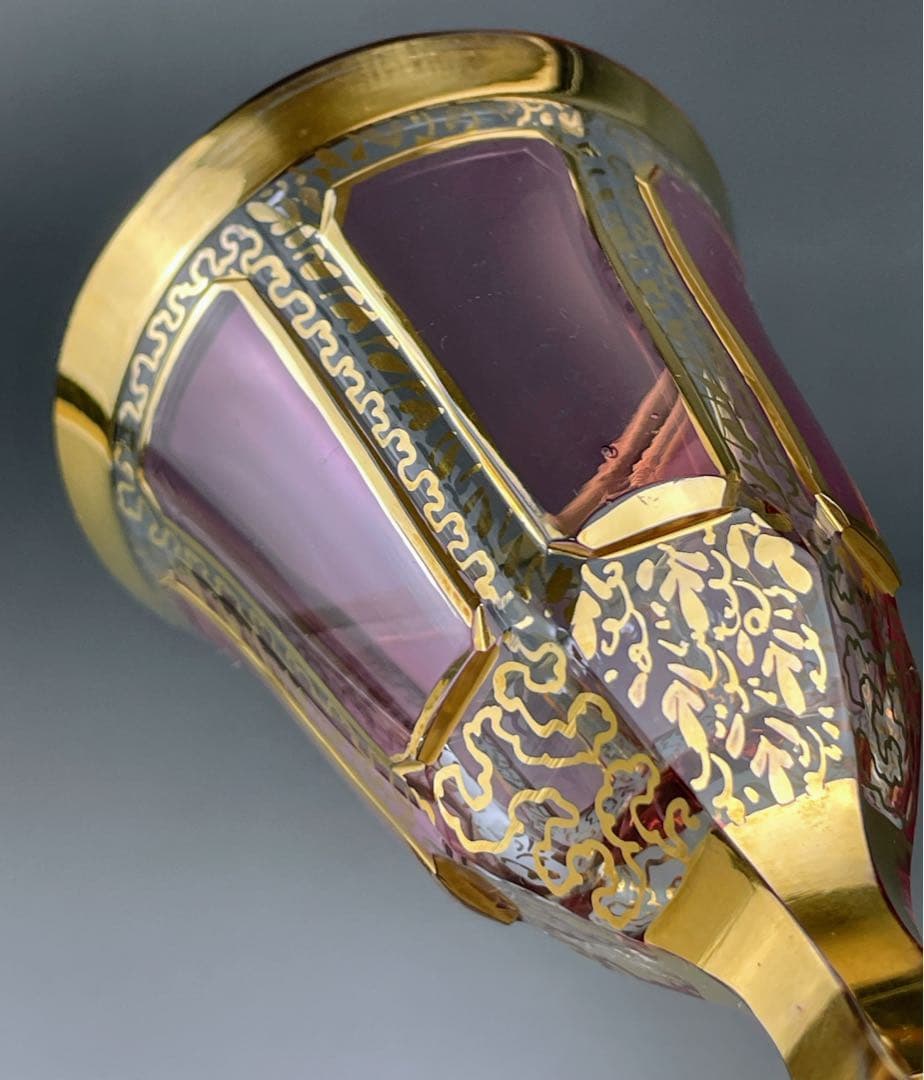 ボヘミア パネルグラス 2個セット クランベリー被せ ワイングラス