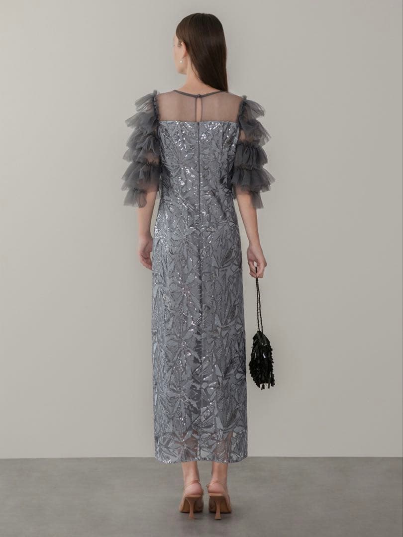 チュールフリルスリーブスパンコールIラインワンピースドレス結婚式パーティー成人式