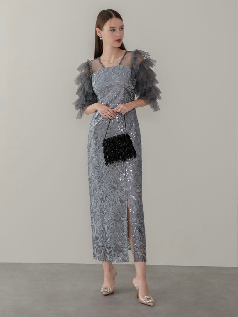 チュールフリルスリーブスパンコールIラインワンピースドレス結婚式パーティー成人式