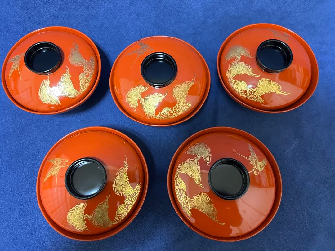 漆器　輪島塗　木製　蒔絵　蓋付椀　汁椀　5客　時代物　在銘稲森　木箱あり