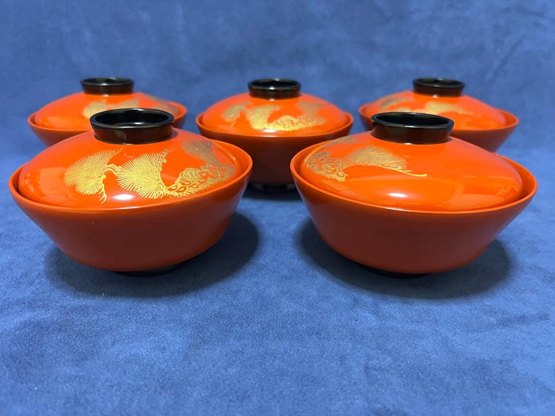 漆器　輪島塗　木製　蒔絵　蓋付椀　汁椀　5客　時代物　在銘稲森　木箱あり