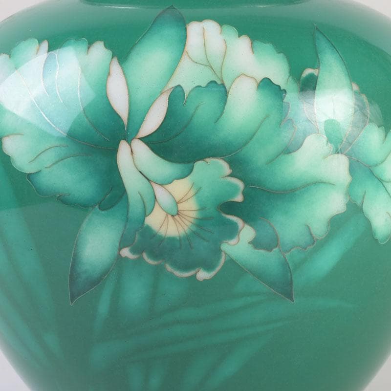 七宝焼　緑釉　花文　花瓶　唐木台付　共箱　V　9833A