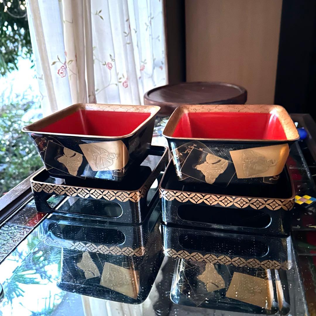 節目に‼️JAPAN金❌黒蒔絵 「貴人和歌」盃洗盃台1対桐箱入