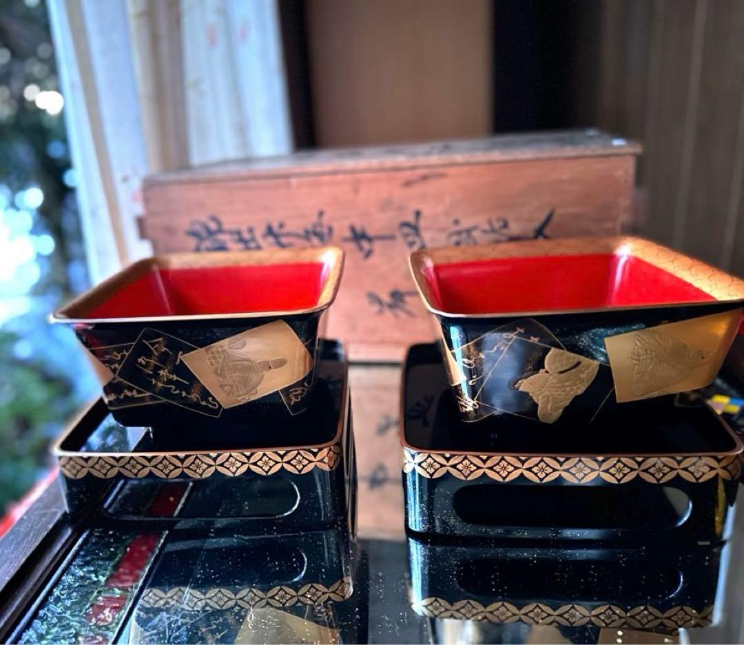 節目に‼️JAPAN金❌黒蒔絵 「貴人和歌」盃洗盃台1対桐箱入
