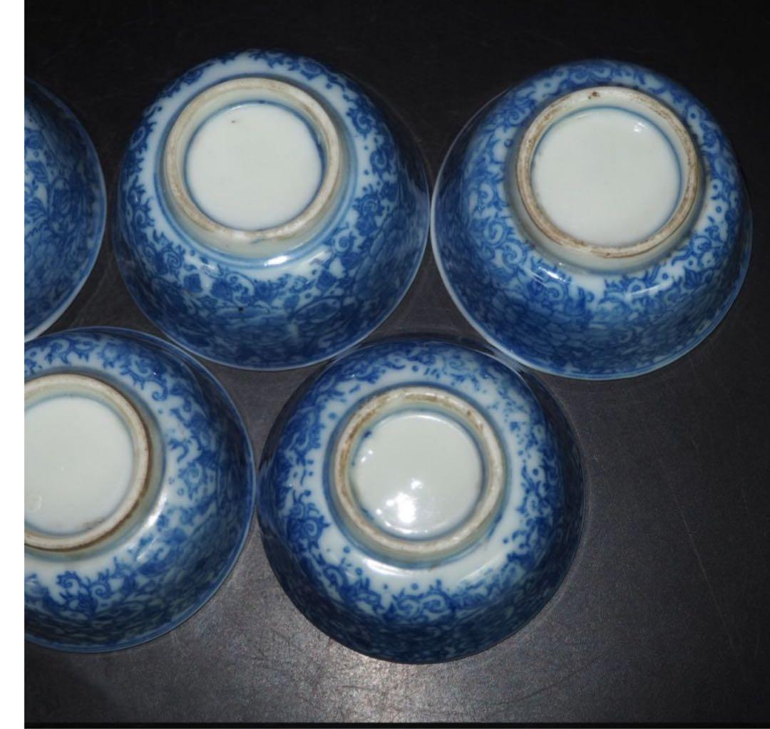 送料無料明治時代　印判　青華煎茶碗5客　検/楽山紫砂九谷備前萩焼常滑宝生伊万里