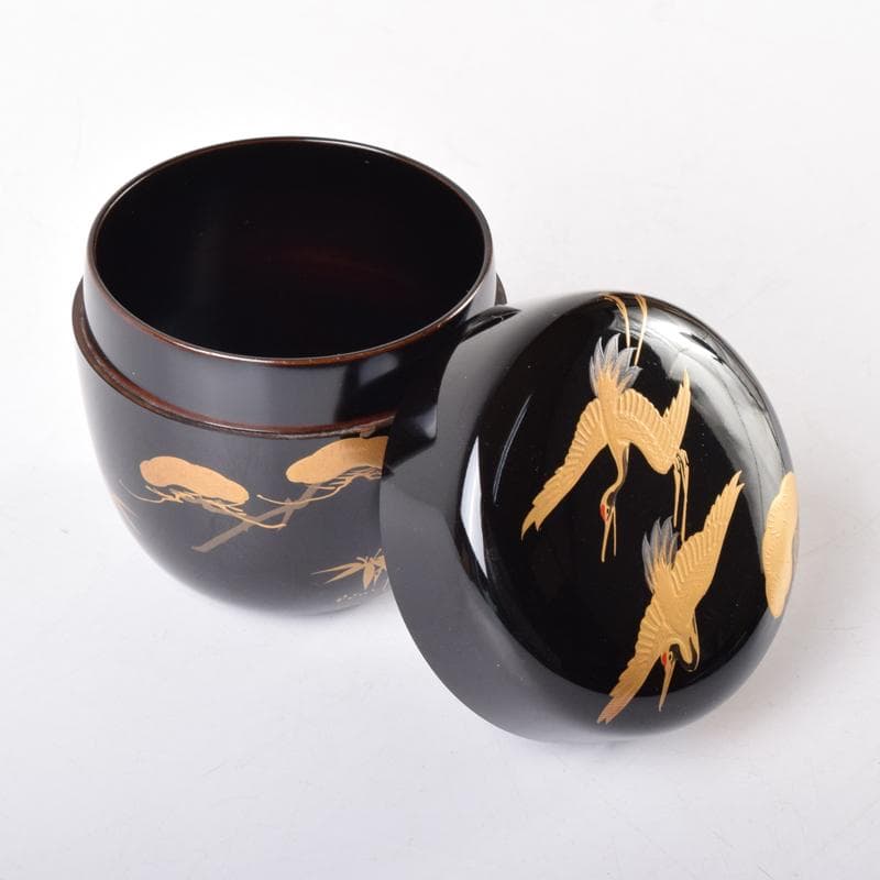 茶道具　漆塗　嘉祥作　松鶴蒔絵　棗　共箱　V　7065