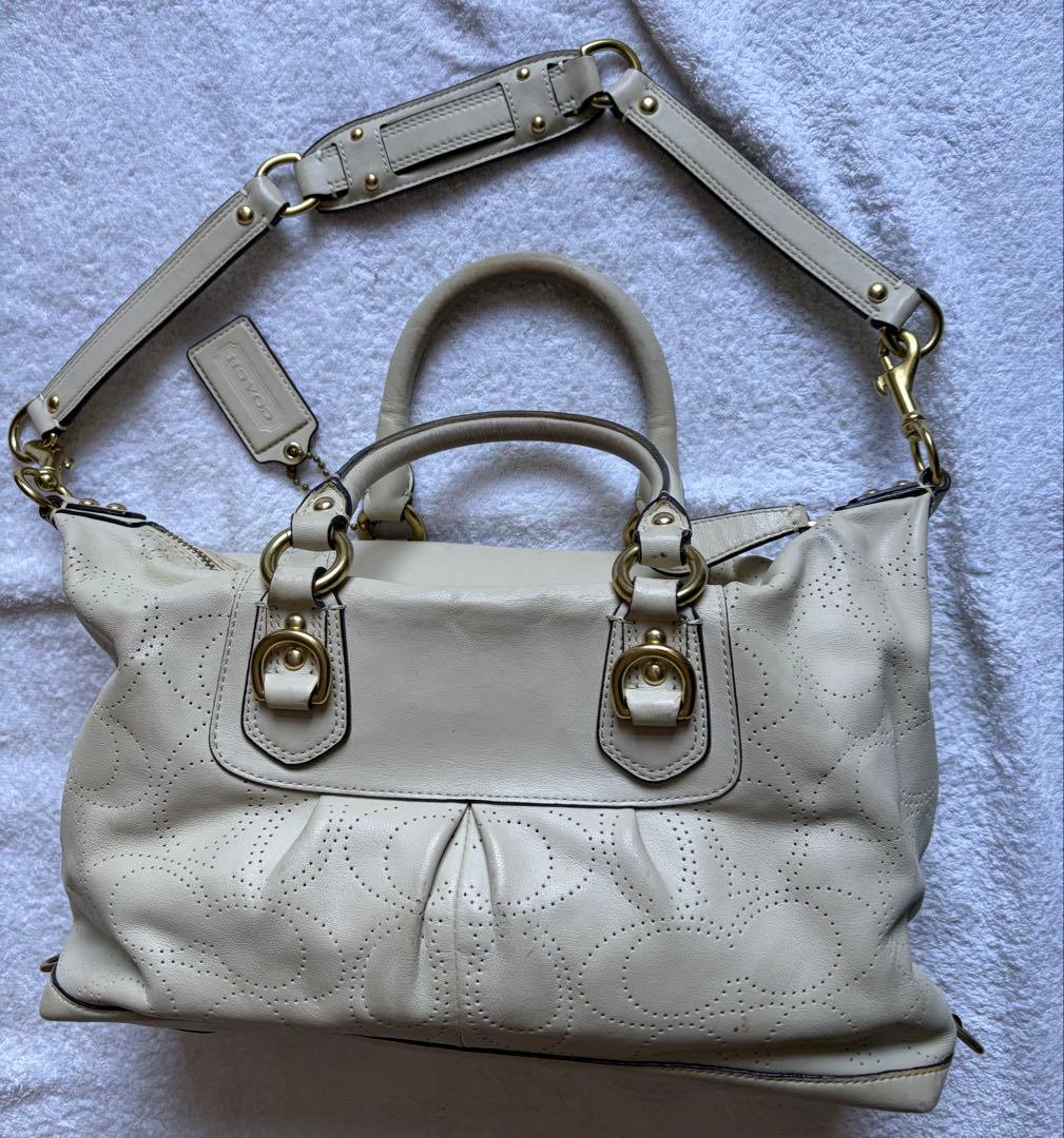 COACH アイボリー/ブラウン ショルダーバッグ真品保証