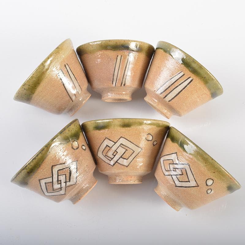 煎茶道具 京焼 清水焼 瑞光窯 織部煎茶碗 六客 共箱 M R6248