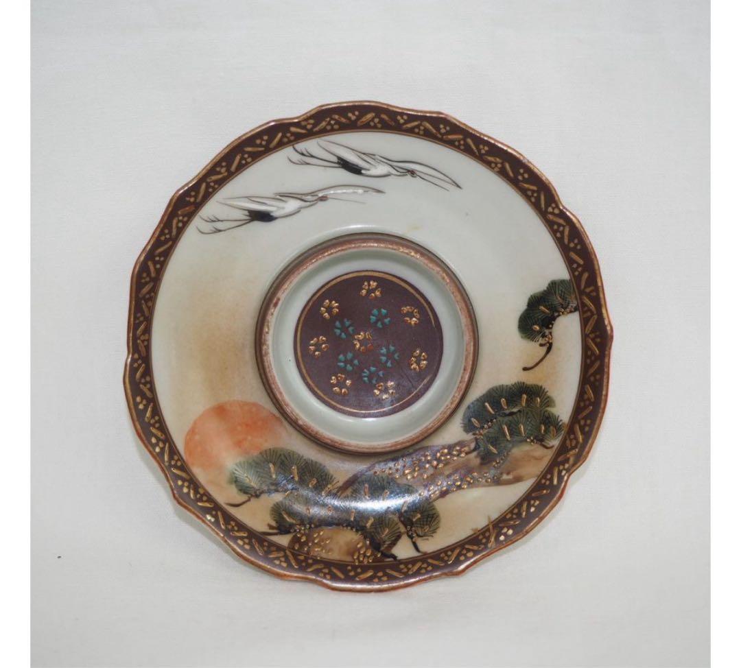 送料無料 明治～大正九谷焼 手描き松鶴紋杯台/盃台5客 完