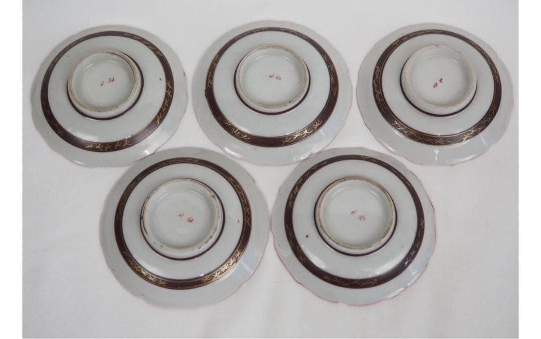 送料無料 明治～大正九谷焼 手描き松鶴紋杯台/盃台5客 完