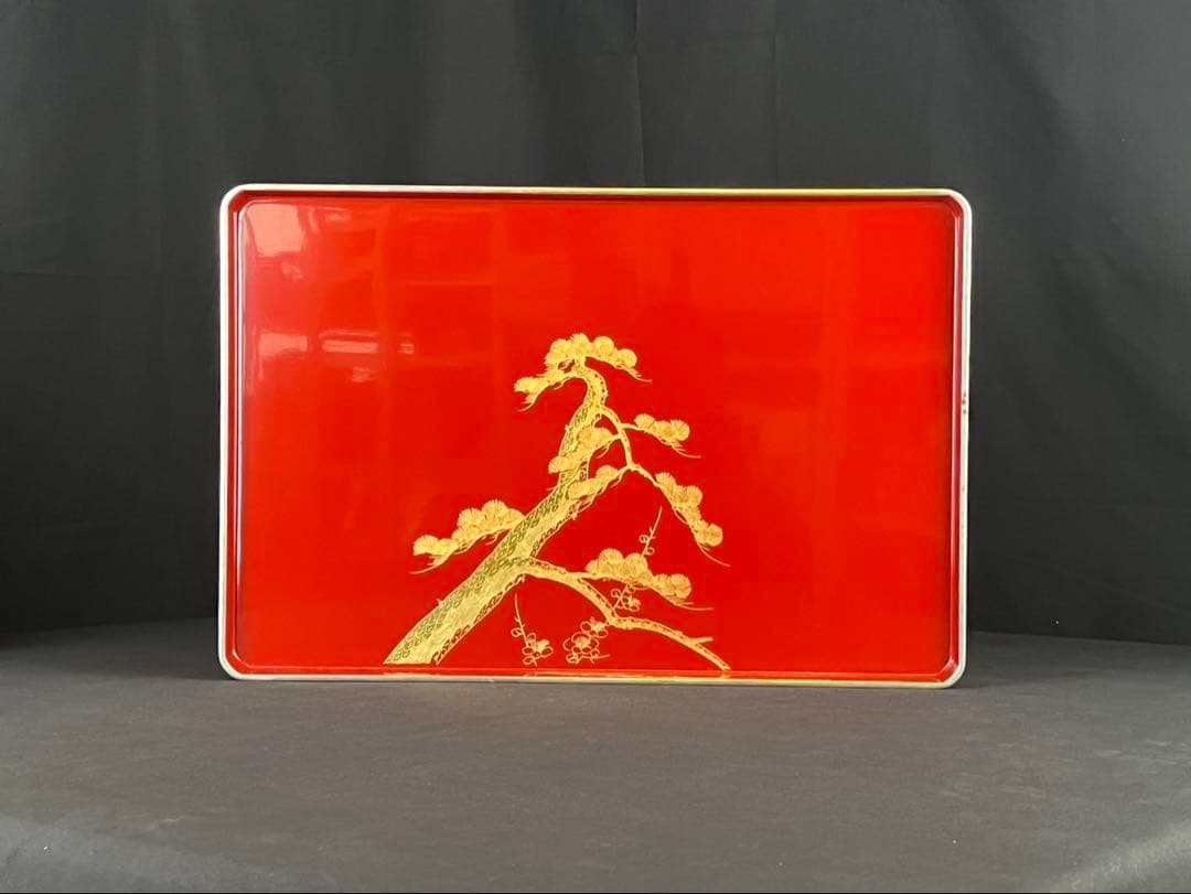 朱塗 屠蘇器・重箱セット 木製漆器 松竹梅 沈金 縁起柄 長寿 共箱