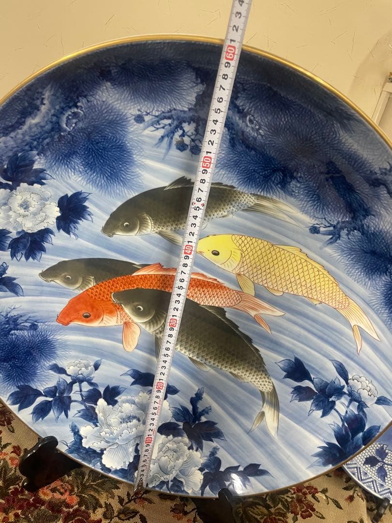有田焼 真照作 鯉図 額皿 大皿 飾り皿 時代 希少 染付 骨董品 古美術品