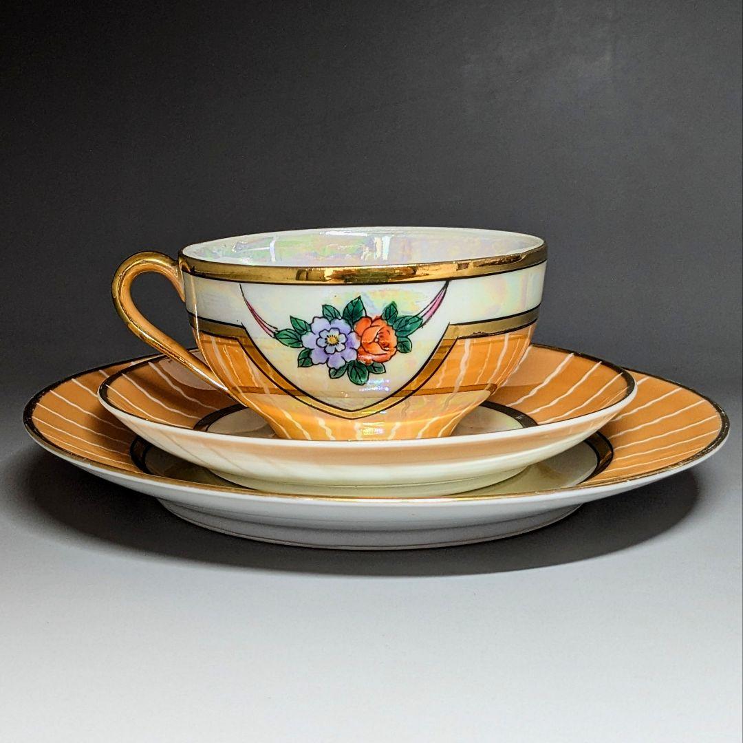 オールドノリタケ アールデコ期大銘品！金彩虹ラスター花籠絵図キャビネット トリオ