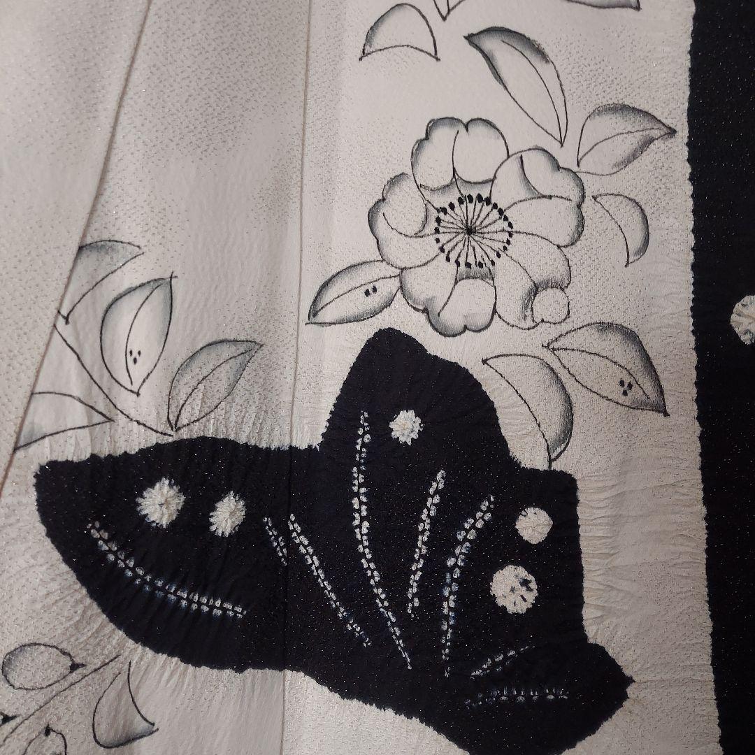 正絹振袖 蝶と辻ヶ花模様 黒と白 帯揚げ 帯締め 重ね襟 髪