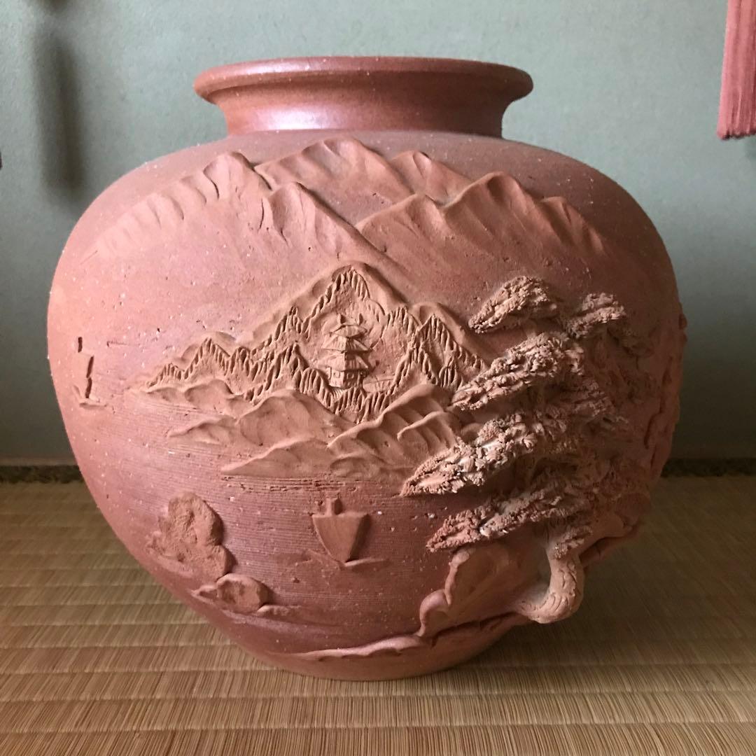 希少 特大 信楽焼 紫郎作 山水 立体 彫刻 丸壺 花瓶 希少 特大 信楽焼 紫郎作 山水 立体 彫刻 丸壺 花瓶 希少 特大 信楽焼 紫