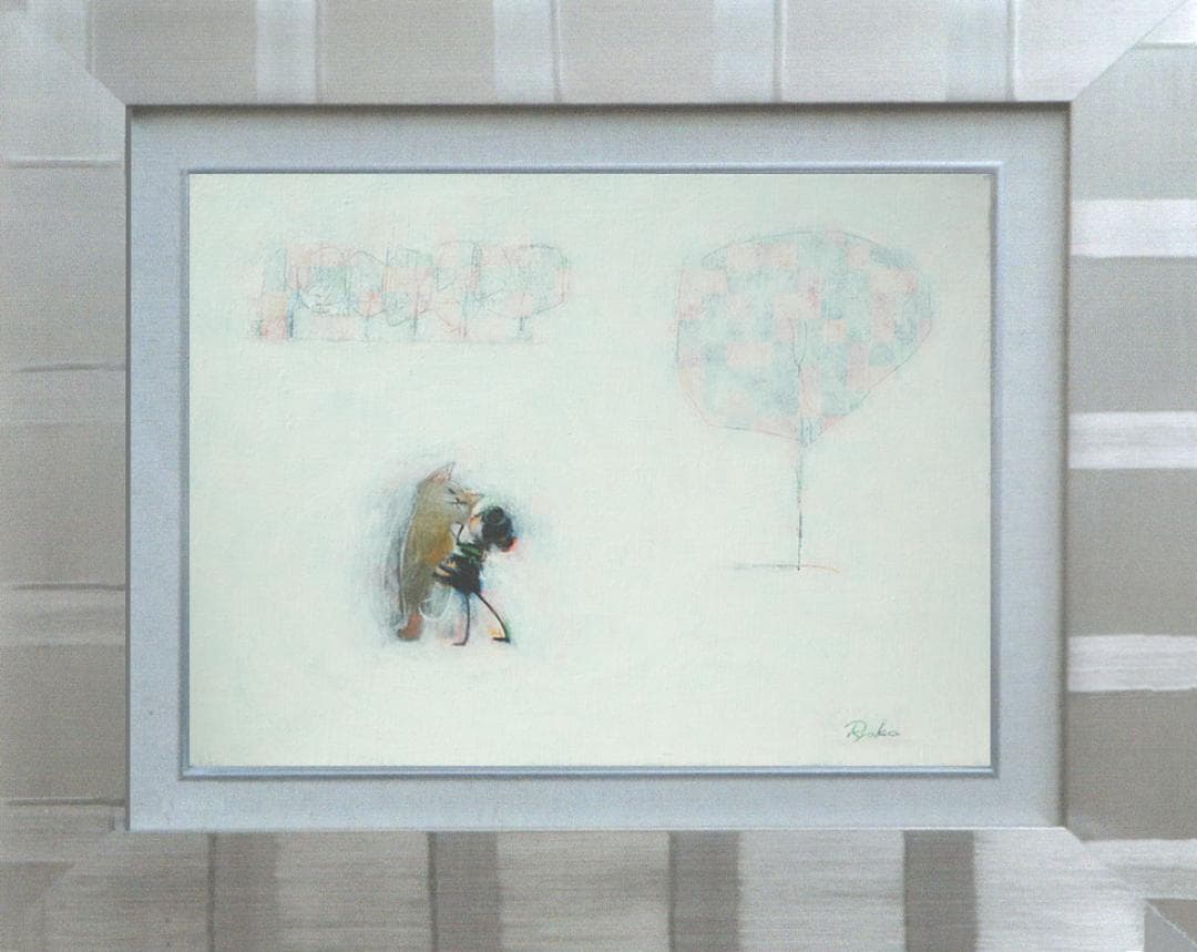 油絵 菅家令子 絵 絵画インテリア額付(黒) F4-090818 子猫子犬女の子