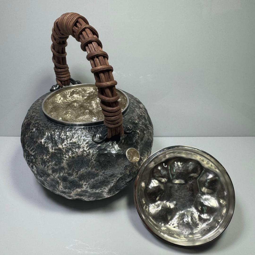 純銀製 一晃斎造 藏拙 貴石摘 藤手 湯沸 古美術品 銀