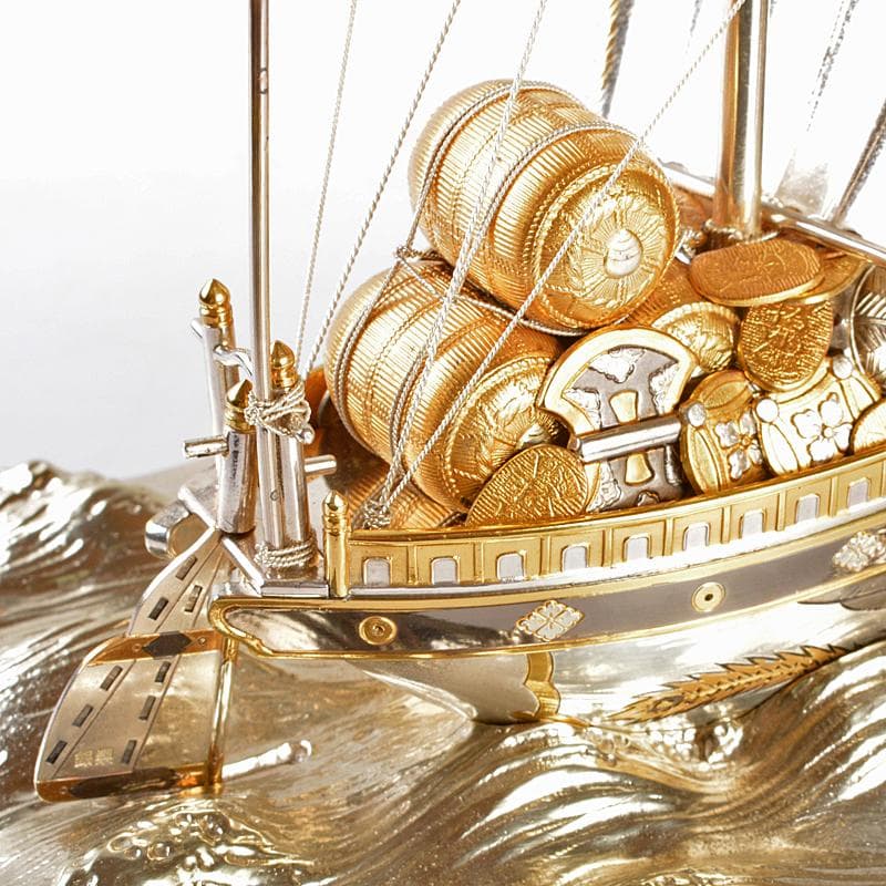 銀製 宝船 置物 ガラスケース 時代箱付 F R5380B