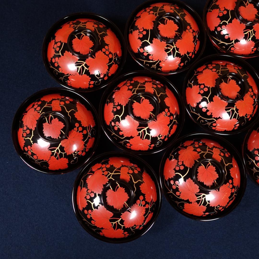 上品な逸品 天然木製漆器 紅葉蒔絵 吸物椀 10客 木箱付