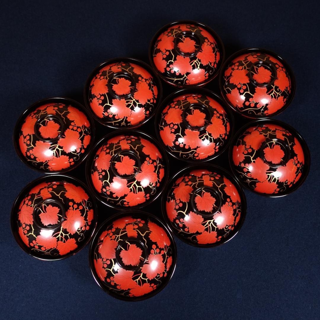 上品な逸品 天然木製漆器 紅葉蒔絵 吸物椀 10客 木箱付