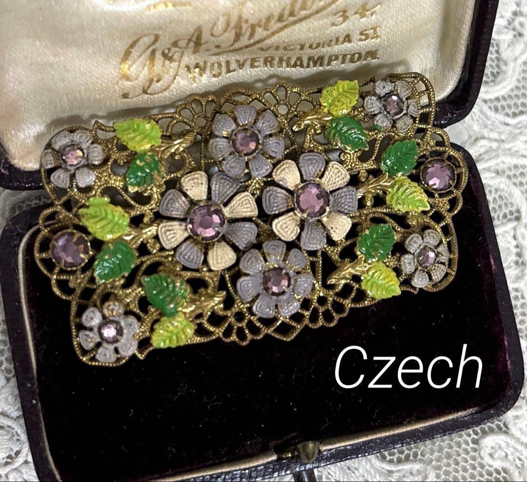 Czech製 ヴィンテージブローチ スクエア型 flower エナメル装飾 - メルカリ