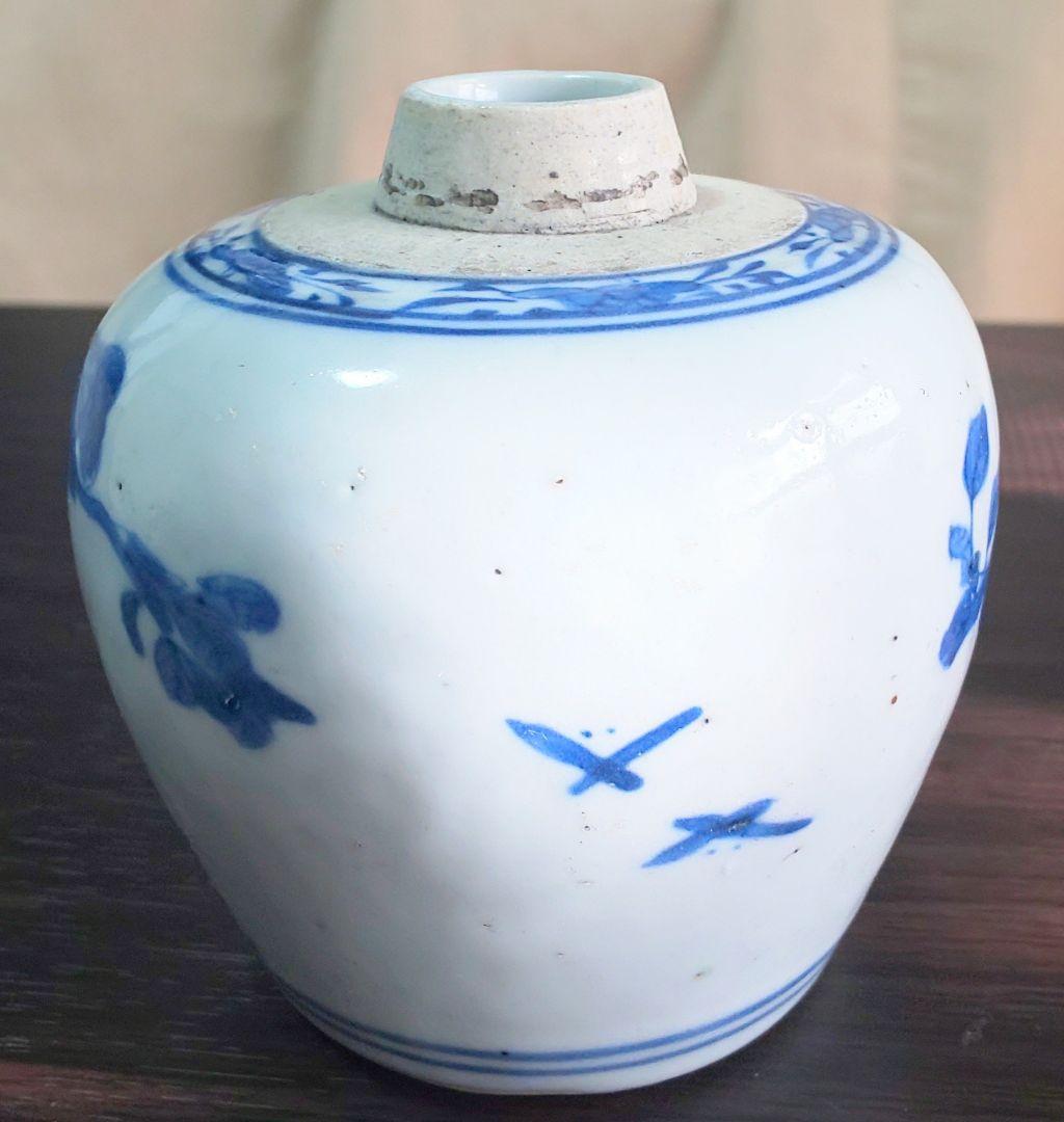 中国美術 明時代 白磁染付花鳥文様 壺型 陶磁器 茶壷