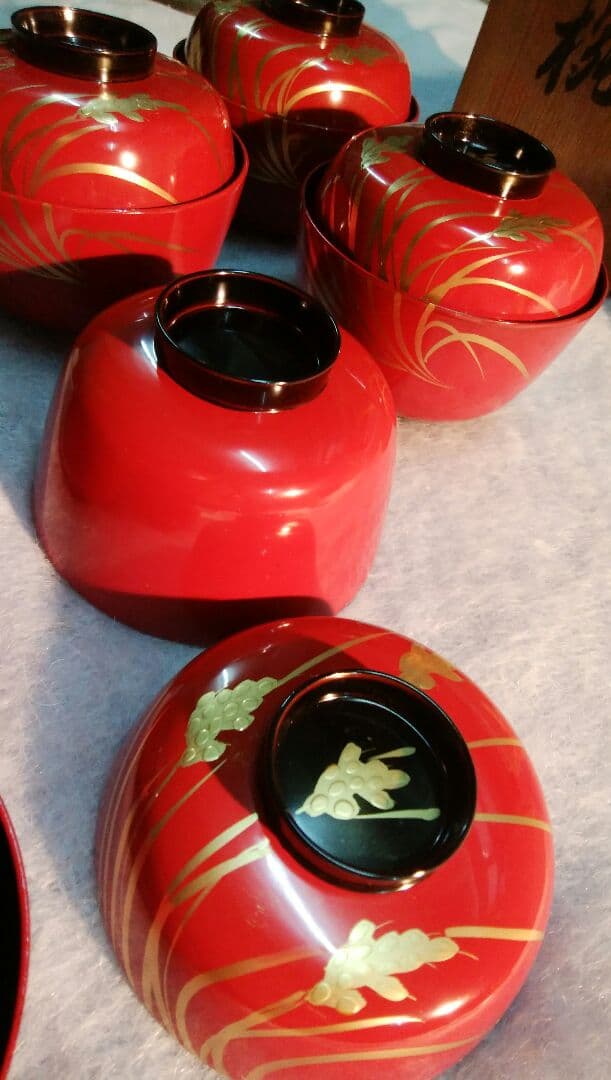 稲穂絵朱塗り吸碗５客