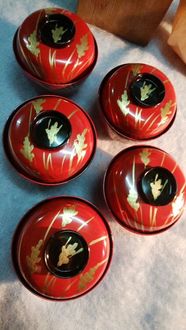 稲穂絵朱塗り吸碗５客