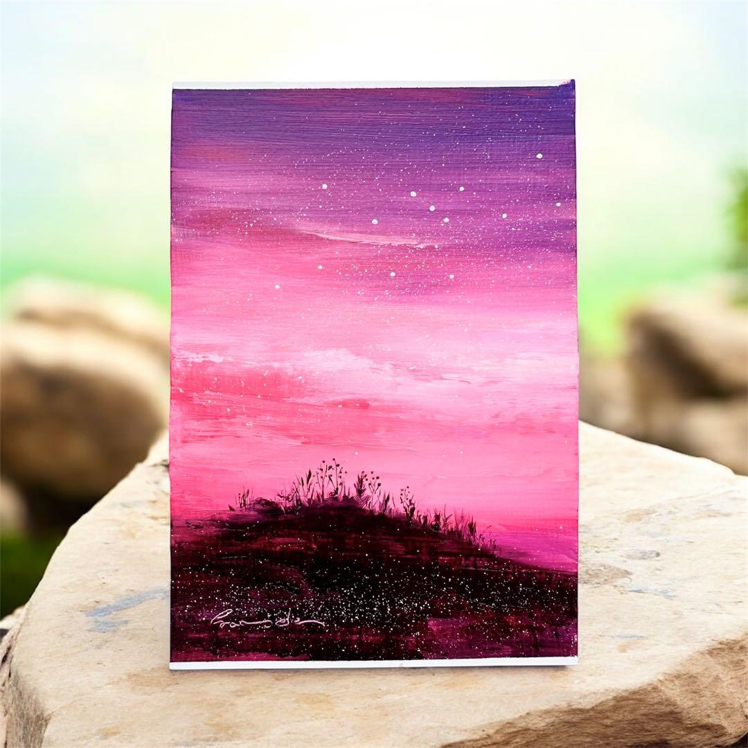 隠したい気持ち」原画 アート 油絵 夕日 風景 ピンク 紫 ファンタジー
